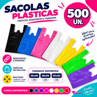 500 Sacolas Plásticas Reforçadas 30x40/38x50/50x60 (P, M e G) - Sacolinhas para Lojas, supermercados, comércio em geral