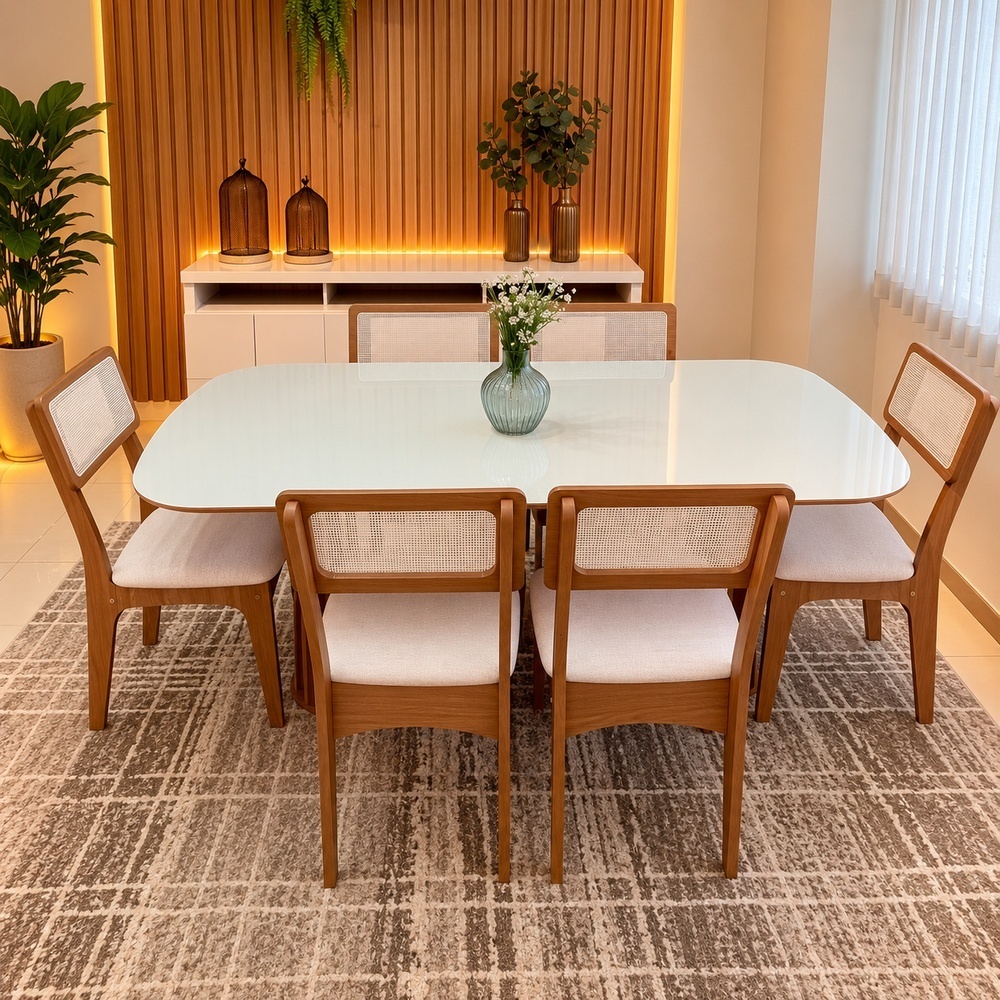 Conjunto Kit Mesa de Jantar Oval 6 Cadeiras Tela no Encosto 100% MDF Branco Bege