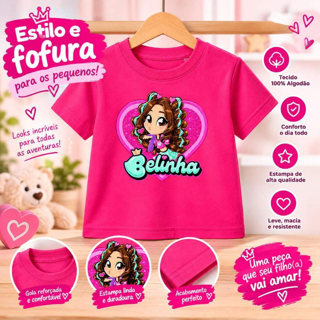 Camiseta Belinha Cantora Infantil Pink Meninas Presentes Juvenil Festas Camisa Youtuber Criança Show Clipes Nova Coleção