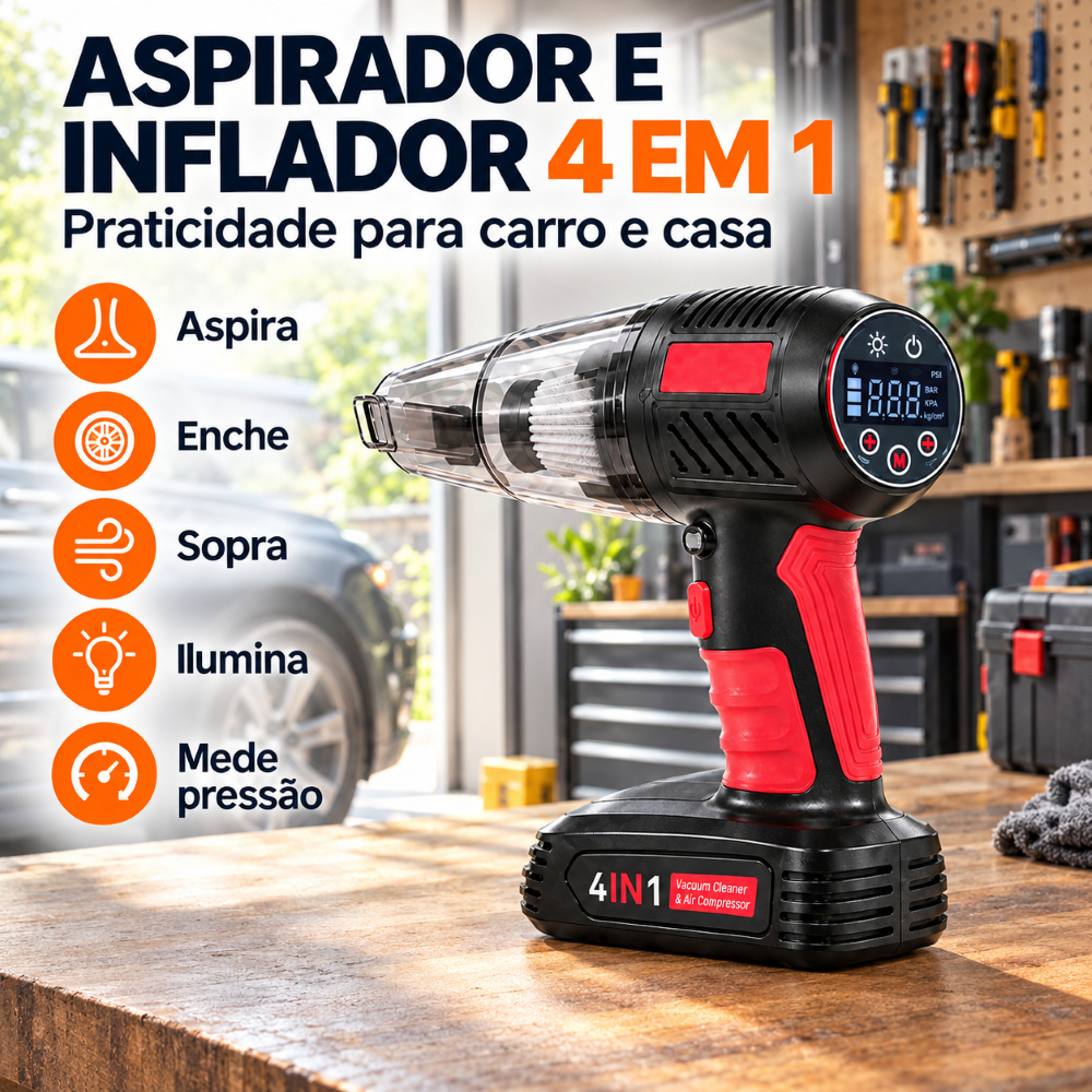 Aspirador de Pó Automotivo sem Fio 5 em 1 Compressor de Ar Calibrador de Pneus Portátil Recarregável 12000Pa