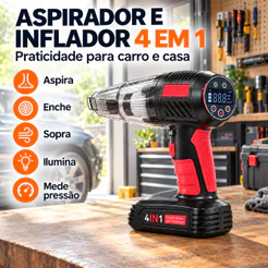 Aspirador de Pó Automotivo sem Fio 5 em 1 Compressor de Ar Calibrador de Pneus Portátil Recarregável 12000Pa