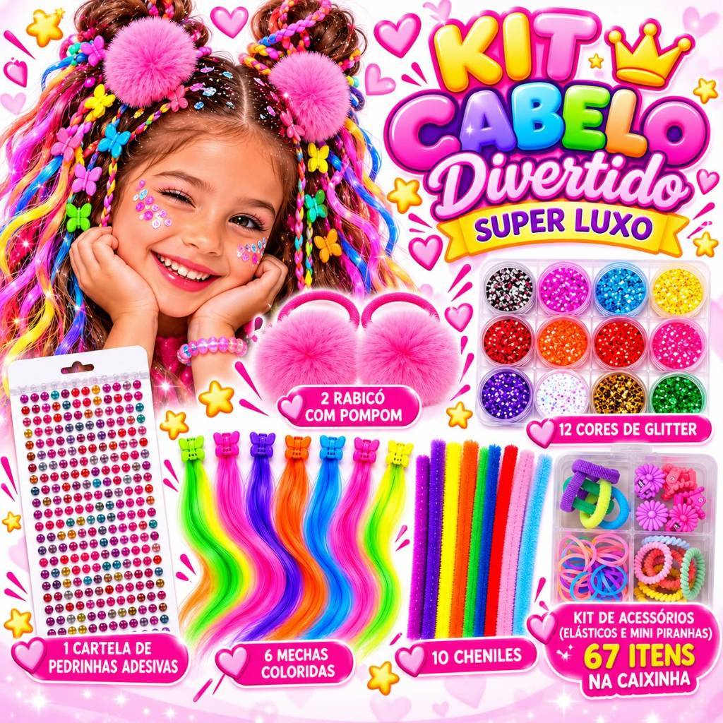 Kit Completo Cabelo Divertido Menina Princesa Festa Brilho Presilhas Glitter
