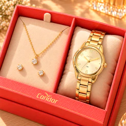 Relógio Condor Feminino Dourado Prova d'água com 1 ano de garantia e conjunto