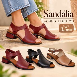 Sandália Feminina Couro Legítimo Leve Conforto Salto Médio Grosso Elástico Velcro - LILIAN