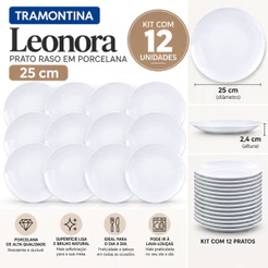 Kit 12 Pratos Rasos Tramontina Leonora Porcelana Branco 25cm