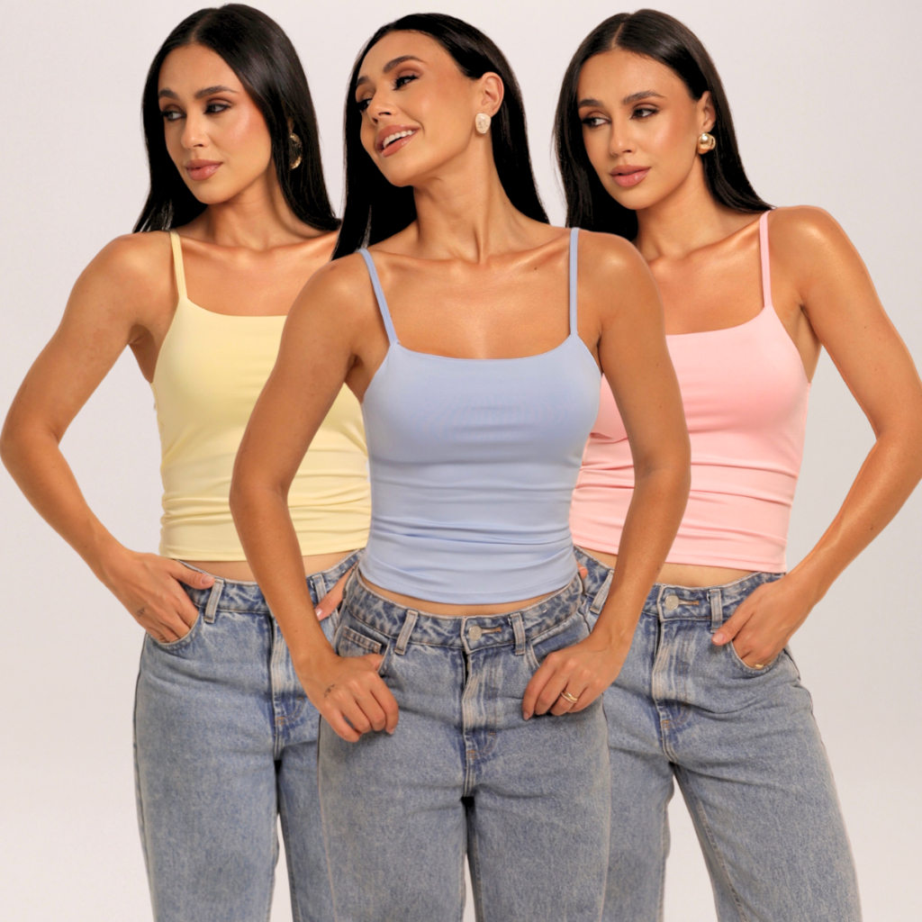 Kit 3 Cropped Feminino Regata Alcinha Suplex Premium Forro Duplo Sem Transparência Casual Verão
