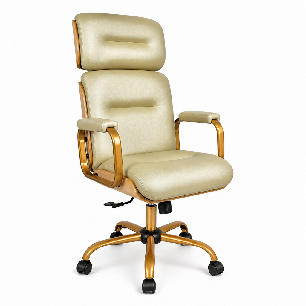 Cadeira de Escritório Presidente WOOD Madeira Clara Base Dourada Giratória Clinicas Medicas Estética