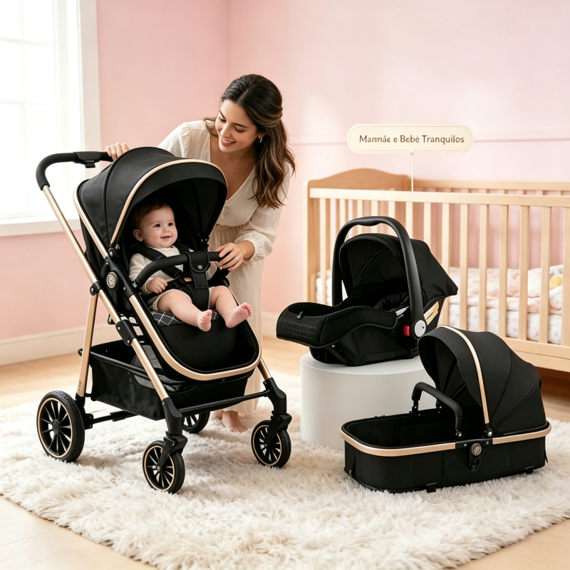 3-in-1 Baby Stroller Set with Detachable Moses Basket, Suitable for All Baby Stages
