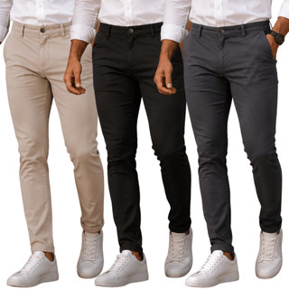 Kit 3 Calça de Sarja Masculina com Lycra Elastano Slim Alfaiataria Social Esporte Fino Bolso Embutido Faca