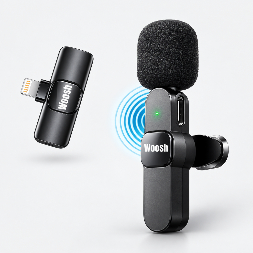 Microfone Lapela Condensador Sem Fio Duplo p/ iPhone Lightning e Tipo C