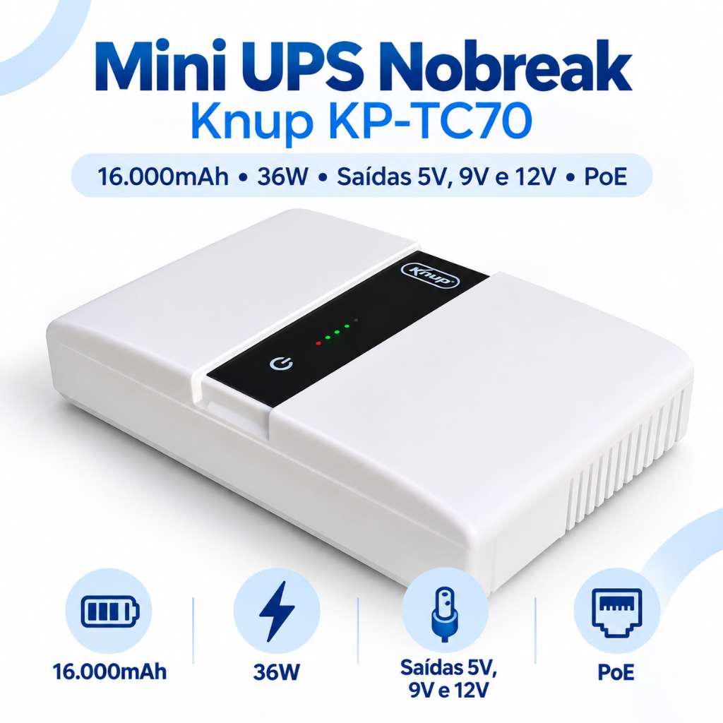 Mini Nobreak UPS 16000mAh 36W Bivolt PoE USB Tipo-C Saídas 5V 9V 12V Roteador Modem Câmera IP