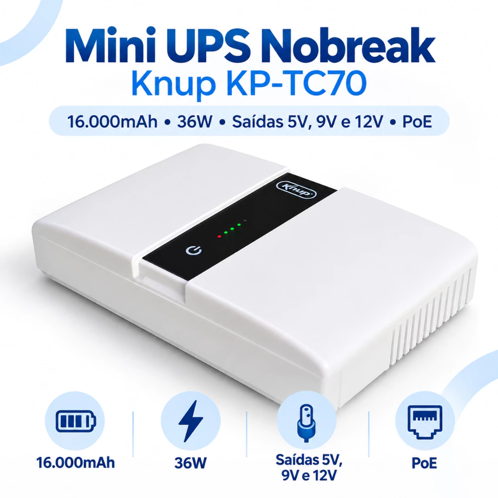 Mini Nobreak UPS 16000mAh 36W Bivolt PoE USB Tipo-C Saídas 5V 9V 12V Roteador Modem Câmera IP
