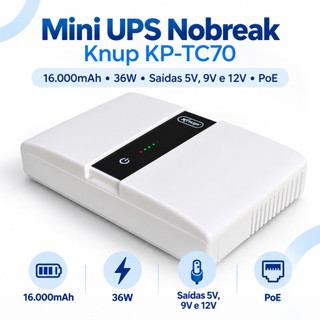 Mini Nobreak UPS 16000mAh 36W Bivolt PoE USB Tipo-C Saídas 5V 9V 12V Roteador Modem Câmera IP