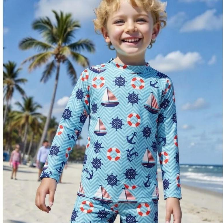 Conjunto masculino praia infantil natação blusa manga longa proteção UV sunga verão piscina