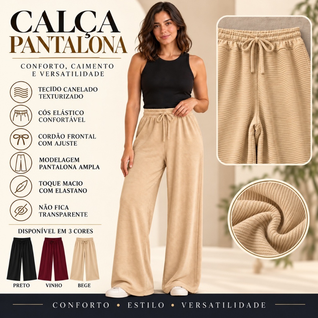 Calça Pantalona Feminina Canelada Cintura Alta Com Elastano Confortável Moda Verão Elegante