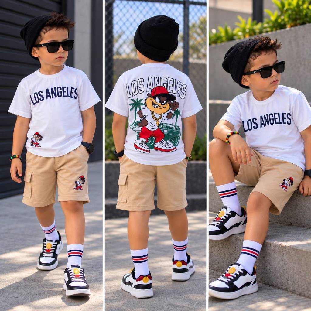 Conjunto Infantil Masculino Streetwear Camiseta Estampada + Bermuda Cargo Roupa Menino Verão
