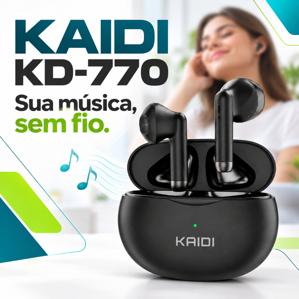 Fone de Ouvido Bluetooth 5.1 Sem Fio TWS Kaidi KD-770 Preto Touch com Estojo de Carregamento