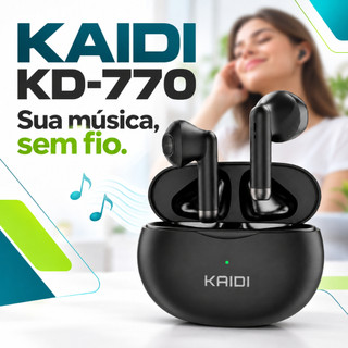 Fone de Ouvido Bluetooth 5.1 Sem Fio TWS Kaidi KD-770 Preto Touch com Estojo de Carregamento