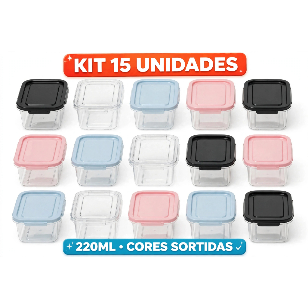 Kit 15 PoteS 220ml Retangular Com Tampa Preta Rosa Azul Transparente - Micro-ondas e Freezer