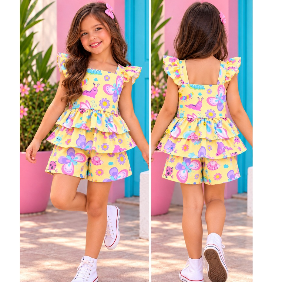 Conjunto Infantil Menina, 2 peças, Blusa com Babado + Short, Verão, Passeio.