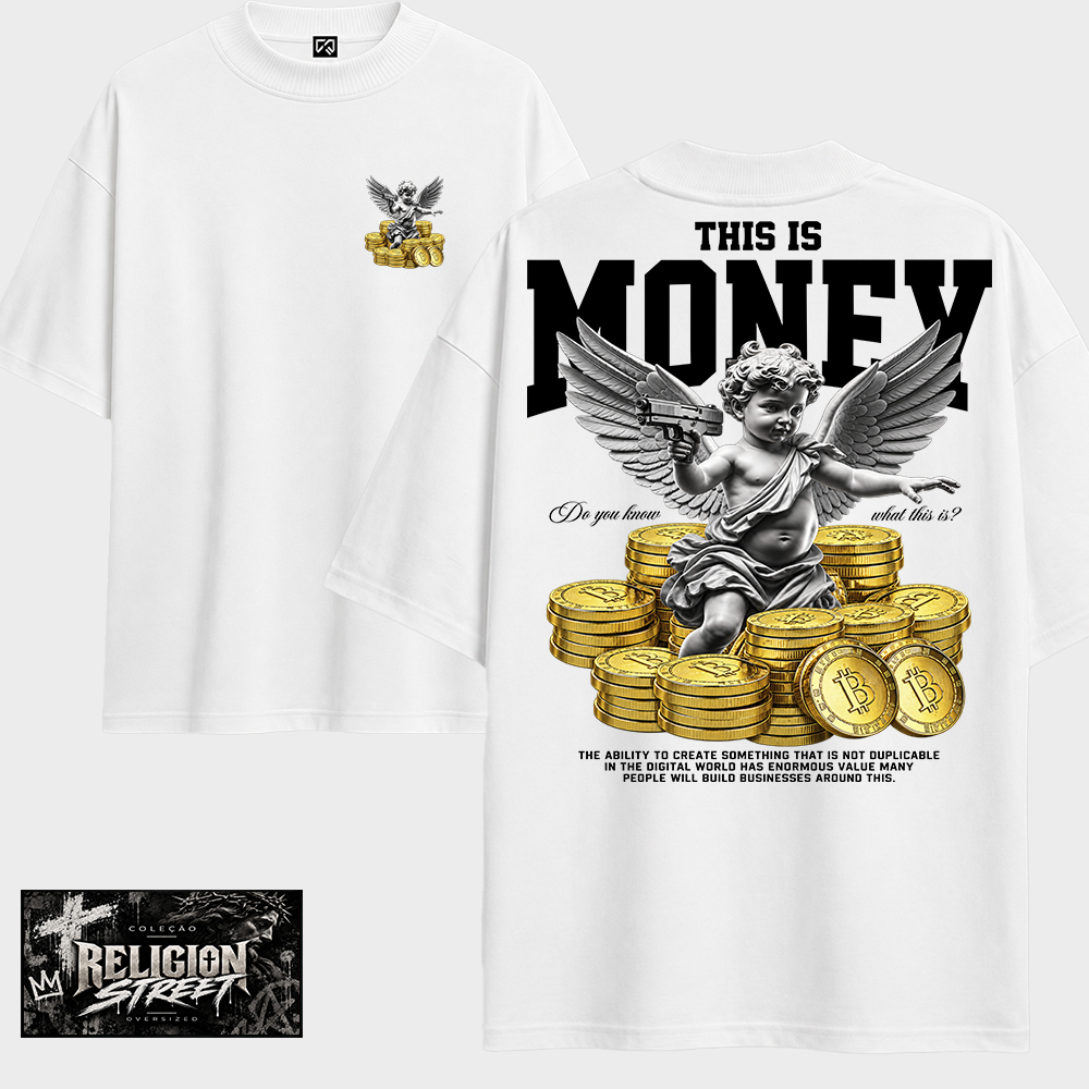 Camiseta Suedine Angel Money Coleção Religiosa Streetwear Masculina Oversized