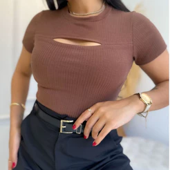 Blusa Básica Feminina Decote Vazado Blusinha Casual Manga Curta Dia a Dia Trabalho Estudo