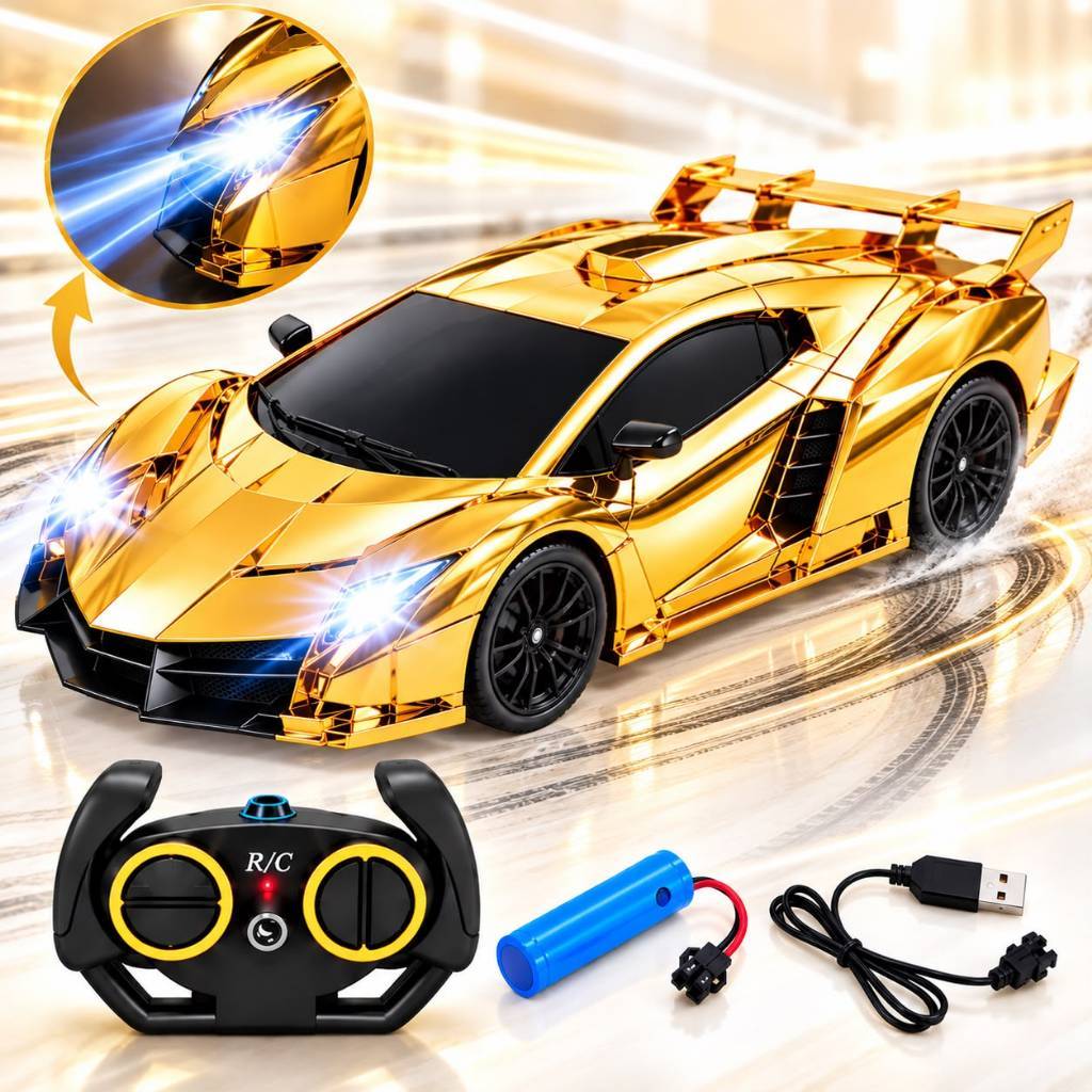 Carrinho Controle Remoto Recarregável Dourado Prateado Luz LED - Acende Farol Brinquedo Infantil