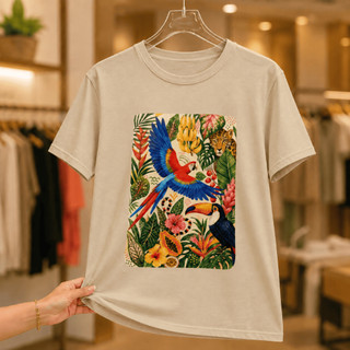 Camiseta Feminina Arara Tropical 100% Algodão Estampa Selva Tucano Onça Casual Premium