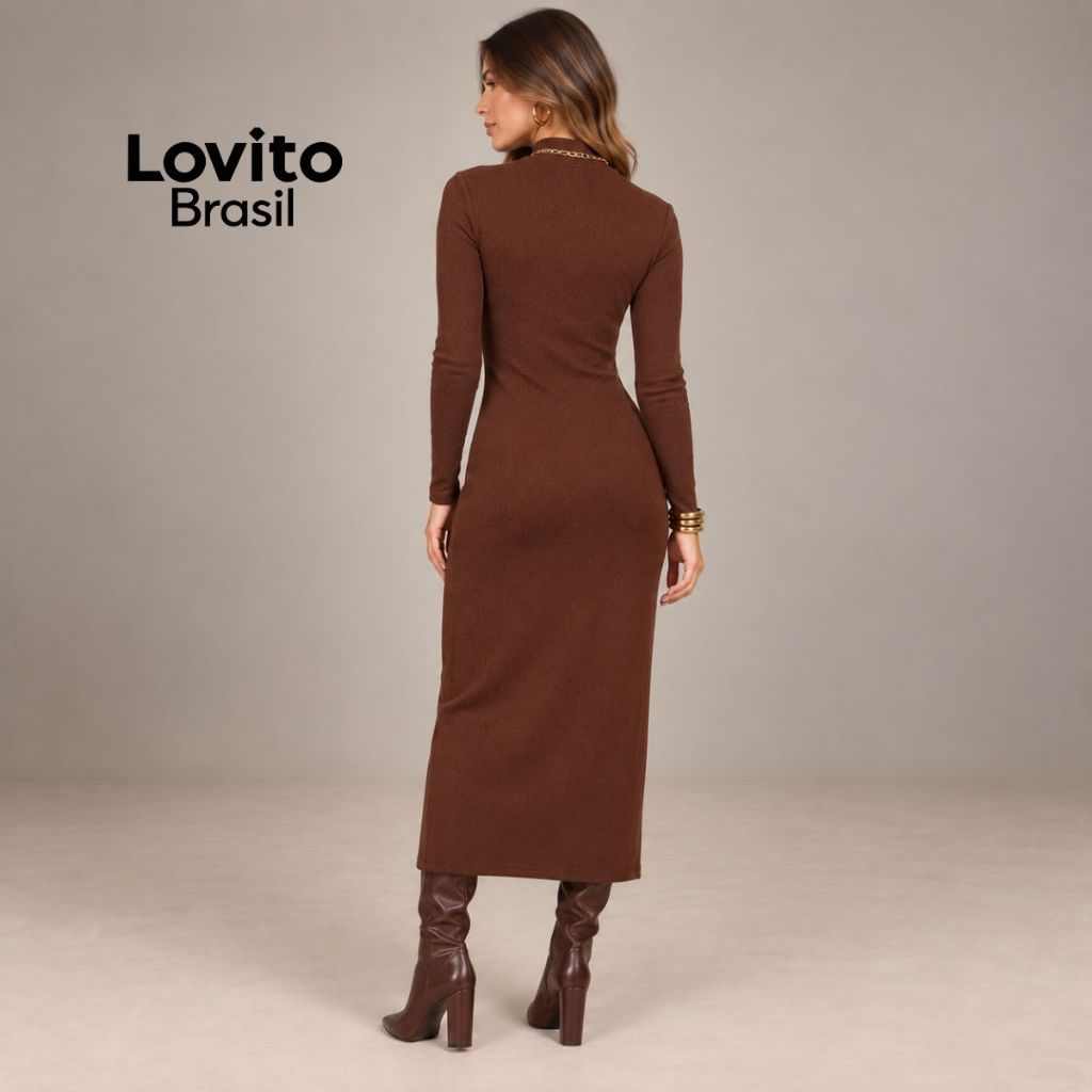 Vestido Midi Tricot Lovito Manga Longa Casual Confortável Moda Feminina DRB432BRL461 · foto 2