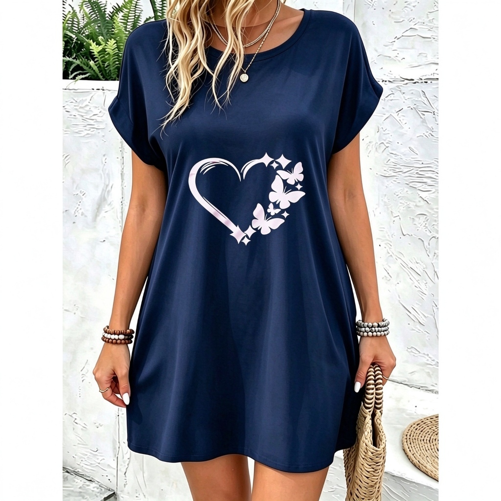 Vestido com estampa de corações e borboletas decote em V manga curta corte solto, ideal para o dia a di
