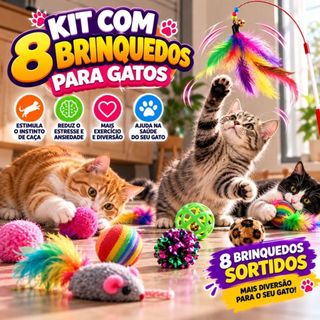 Kit 8 Brinquedos para Pet Varinha Ratinho Bolinha Gatinho filhotes e adultos