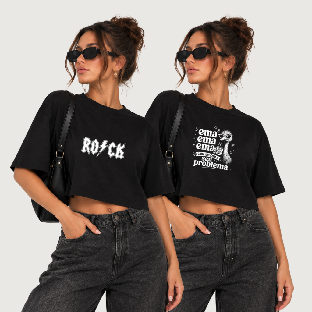 Kit 2 Cropped Oversized Preto Estampado Rock Blusinha Moda Feminina Camiseta Cropped Feminino Oversized Moda Estilosa