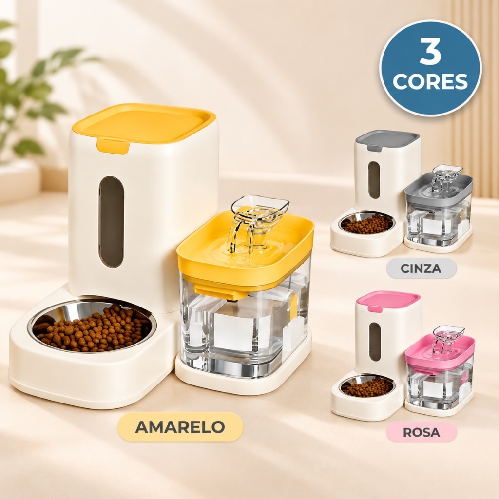 KIT COMEDOURO AUTOMÁTICO E FONTE BEBEDOURO PARA CÃES E GATOS RAÇÃO E ÁGUA O DIA TODO BIVOLT