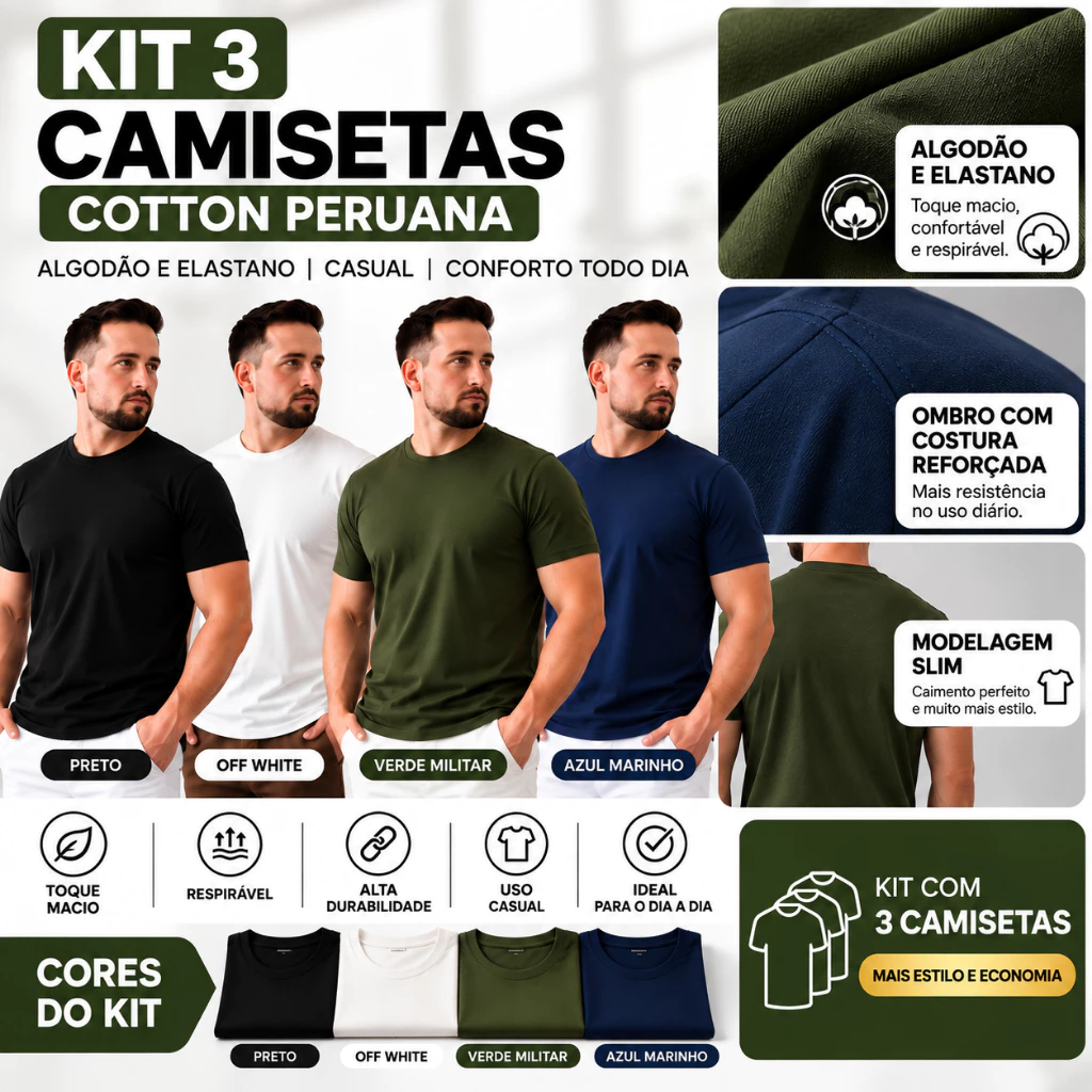 Kit 3 Camiseta Cotton Peruana Masculina Lisa 100% Algodão Casual