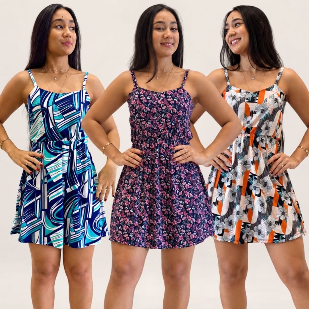 Kit 2 e 3 Peças Vestido Soltinho Feminino Estampado Curto Alça Molinho Leve Fresquinho Confortável