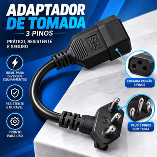 Adaptador Tomada 2 Pinos para 3 Pinos 10A 90° graus Profissional pino PP Ho