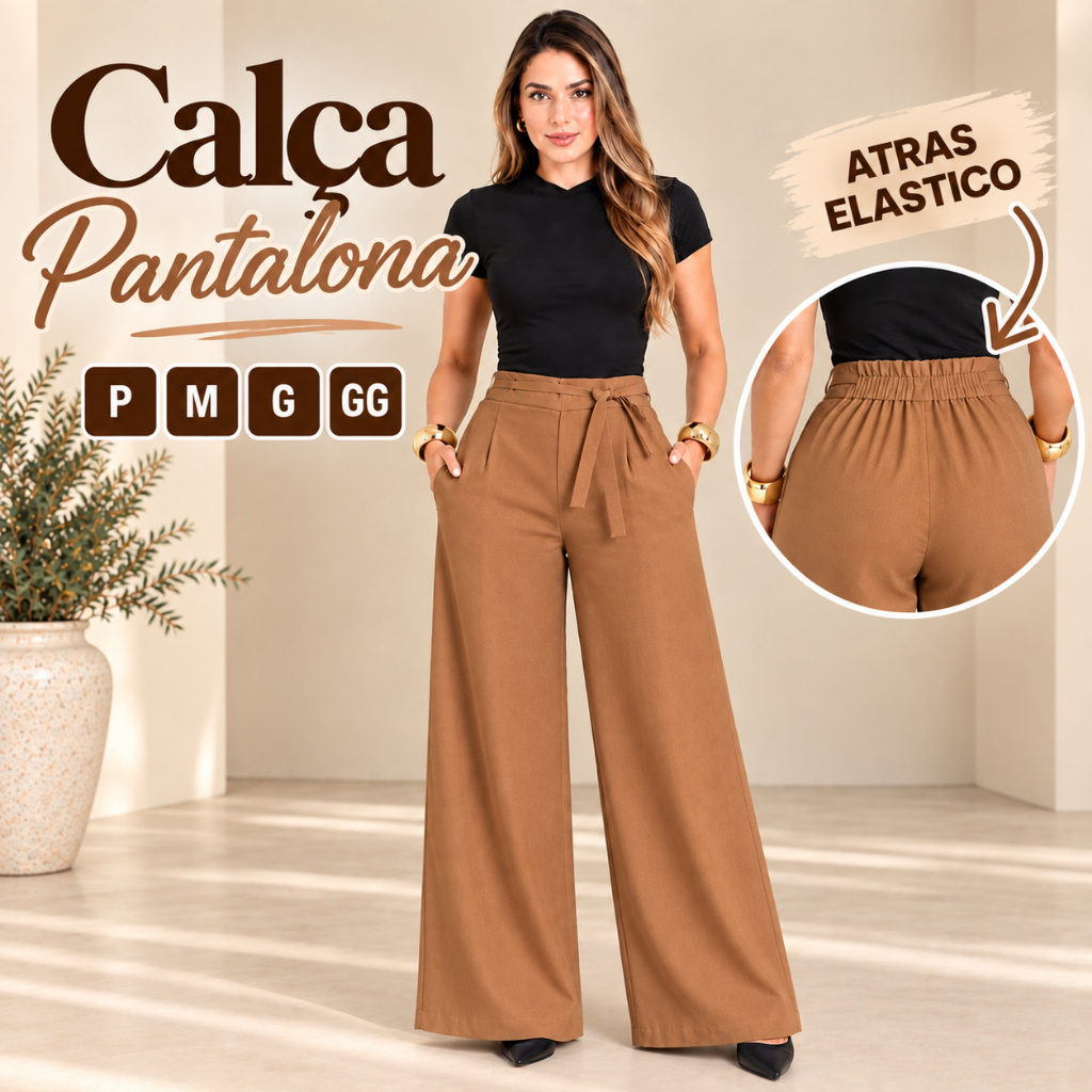 Calça Pantalona Feminina Social Tecido Marrante Premium Cintura Alta com Bolso, Elegante Conforto e Versatilidade