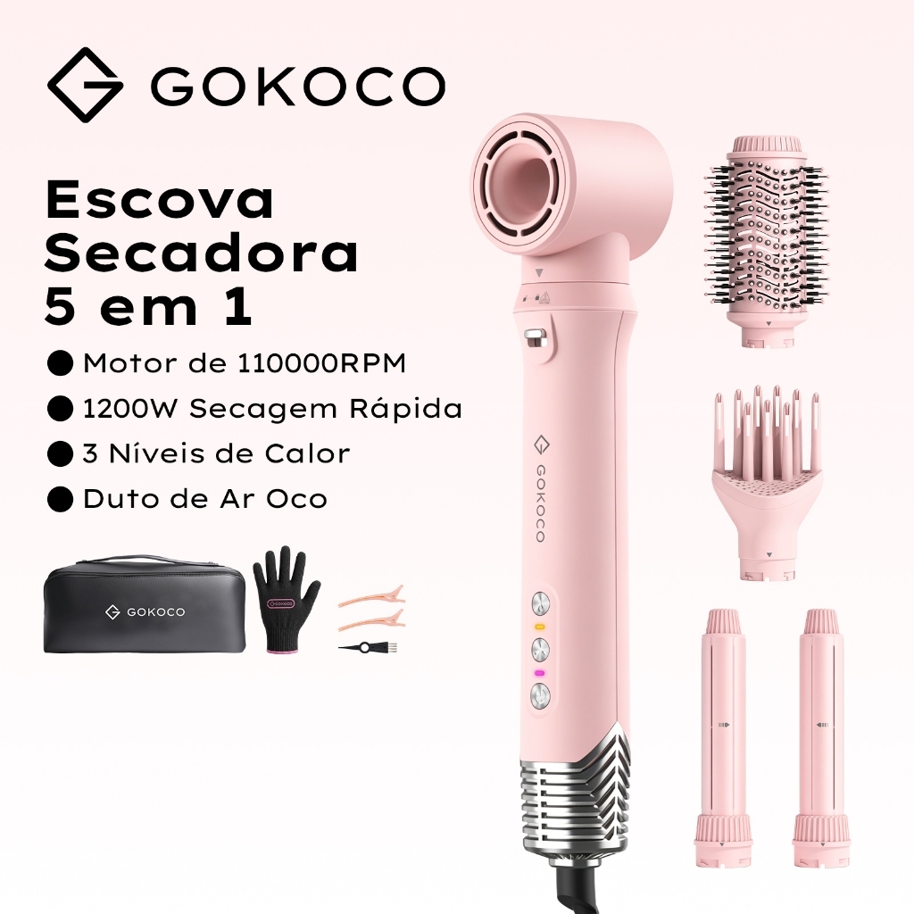 GOKOCO Escova Secadora 5 em 1 Modelador de Cabelo 1200W Bivolt 110000RPM com Íons Negativos