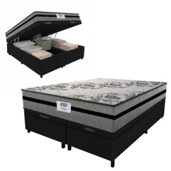 Cama Box Baú Casal Queen Colchão Gazin Com Molas Ensacadas Rubi 158x198x73cm Suede Preto/Cinza
