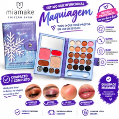 Estojo Multifuncional - Paletas Sombras, Glitter, Blush e Iluminador c/ Espelho e Aplicador- Mia Make Snow Lançamento