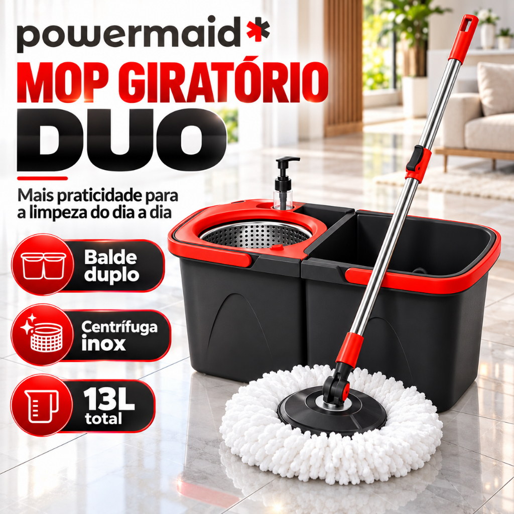 Mop Giratório Duo Powermaid 360° Balde Duplo Centrífuga Inox Dispenser 13L