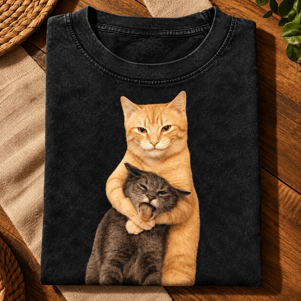 Camiseta Estampada Momento de Briga de Gato Feminina | Marca de Moda Retro Batik de Alta Qualidade Caimento Solto