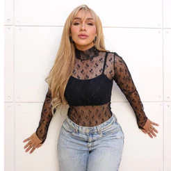 Body Renda Feminina Gola Alta Manga Longa Elegante Verao Inverno Luxuoso Transparente Festa Floral Estiloso