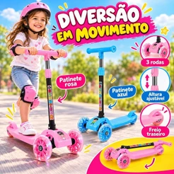 Patinete Infantil 3 Rodinhas com Luz Led Ajustável Scooter Menino Menina Dobrável Dia das Crianças