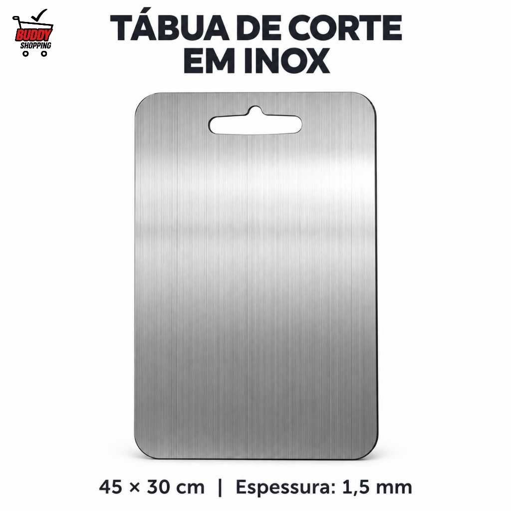 Tábua de Corte Inox 45x30cm Retangular com Alça Vazada 1,5mm para Cozinha Carnes Frutas e Legumes