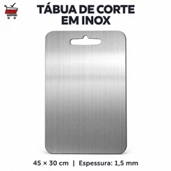 Tábua de Corte Inox 45x30cm Retangular com Alça Vazada 1,5mm para Cozinha Carnes Frutas e Legumes