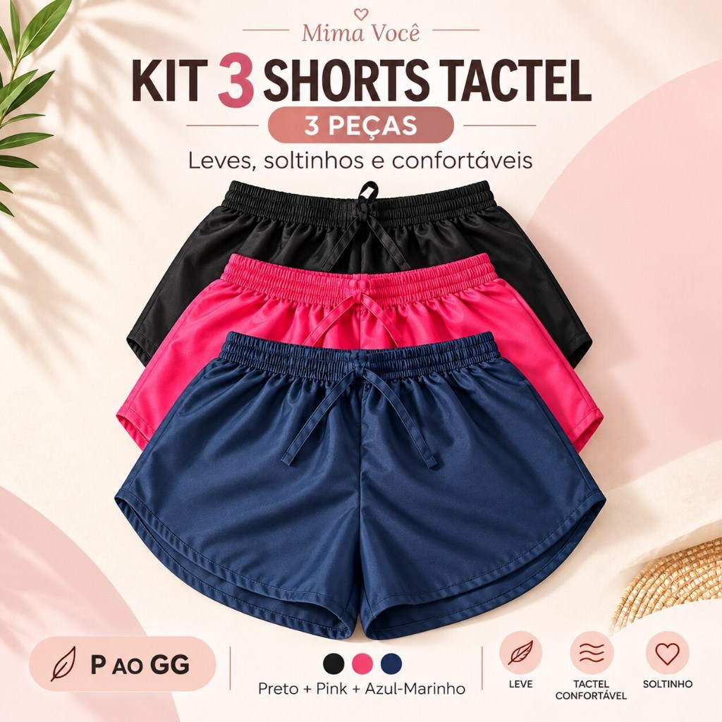 KIT 3 Shorts Tactel Feminino Praia Corrida Caminhada Soltinho Confortável Secagem Verão Rápida P ao GG Academia Mulher