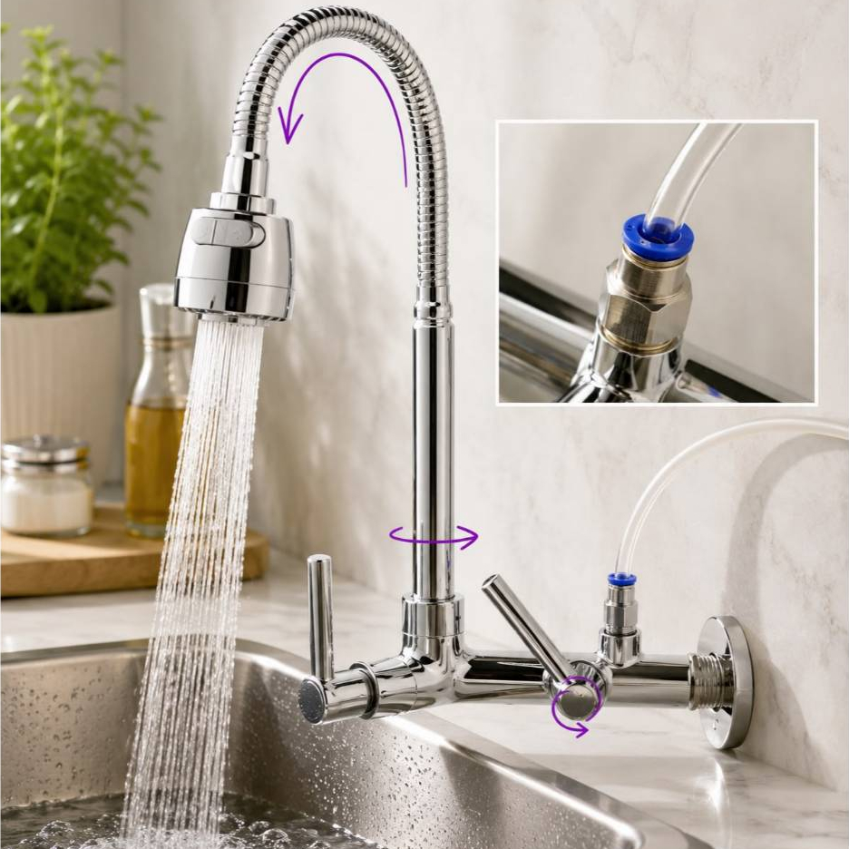 Torneira de parede Cozinha Duas Saida Filtro Purificador Agua lavatorio completa tubo inox clock ja e chuverinho e jato