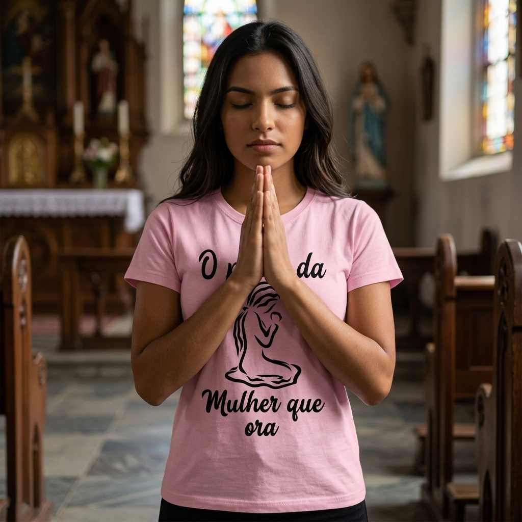 Camiseta Evangelica O poder da mulher que ora 100% Algodão Premium Alta Qualidade Envio Imediato Rosa — imagem 2 de 2
