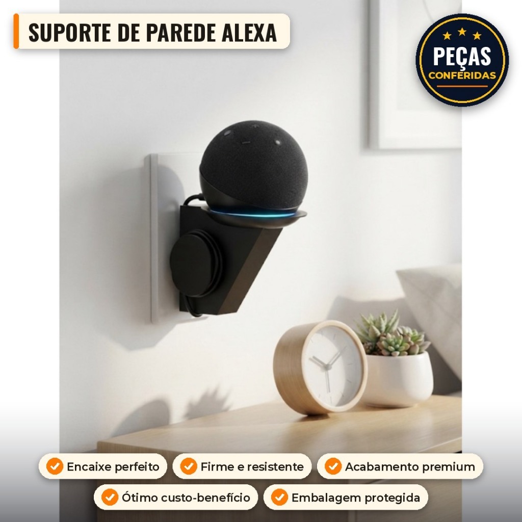 Suporte de Parede para Alexa Echo Dot 4 e 5 Minimalista com Organizador de Cabos Impresso em 3D Preto e Branco